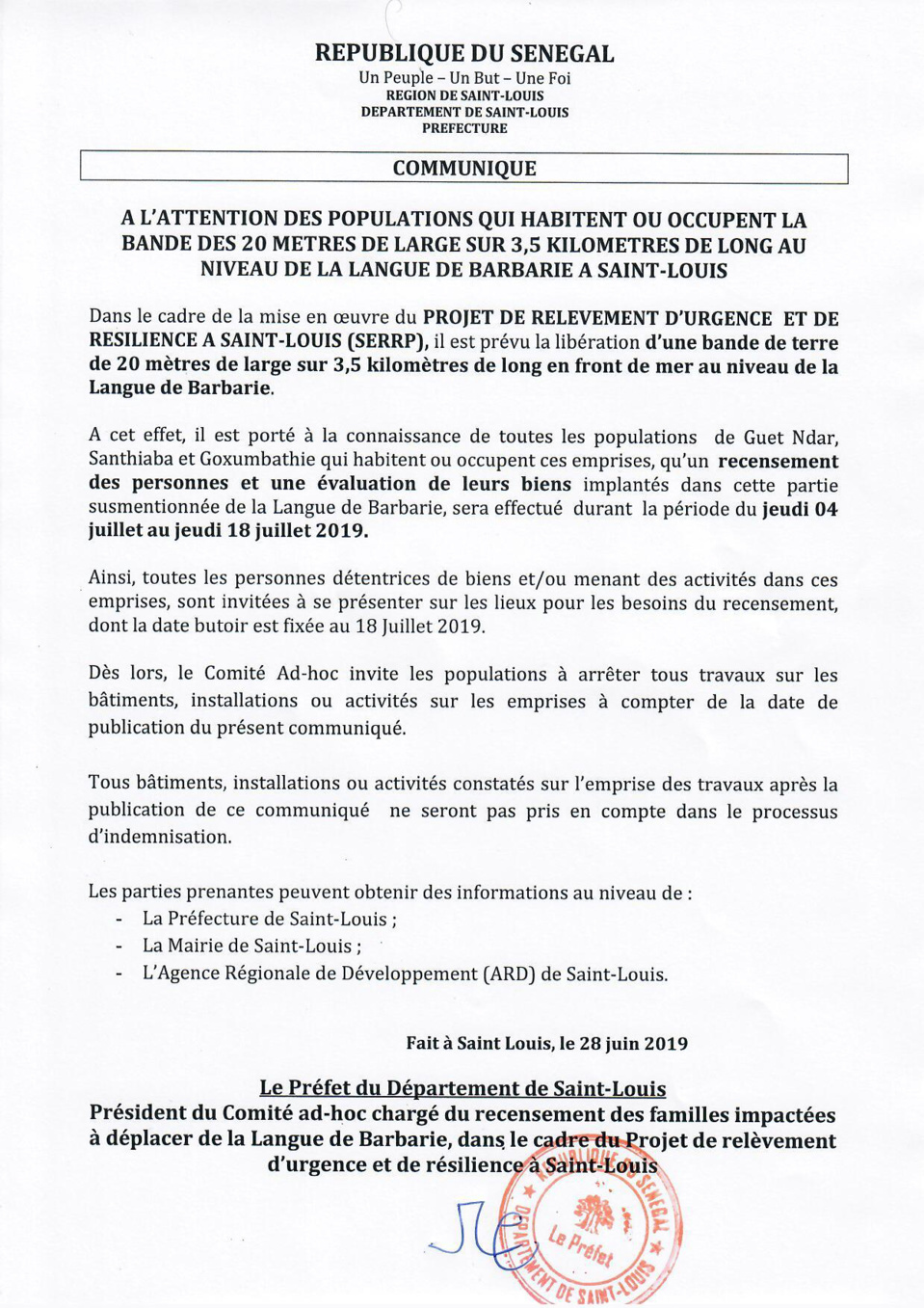 COMMUNIQUÉ DU SERRP 29 JUIN